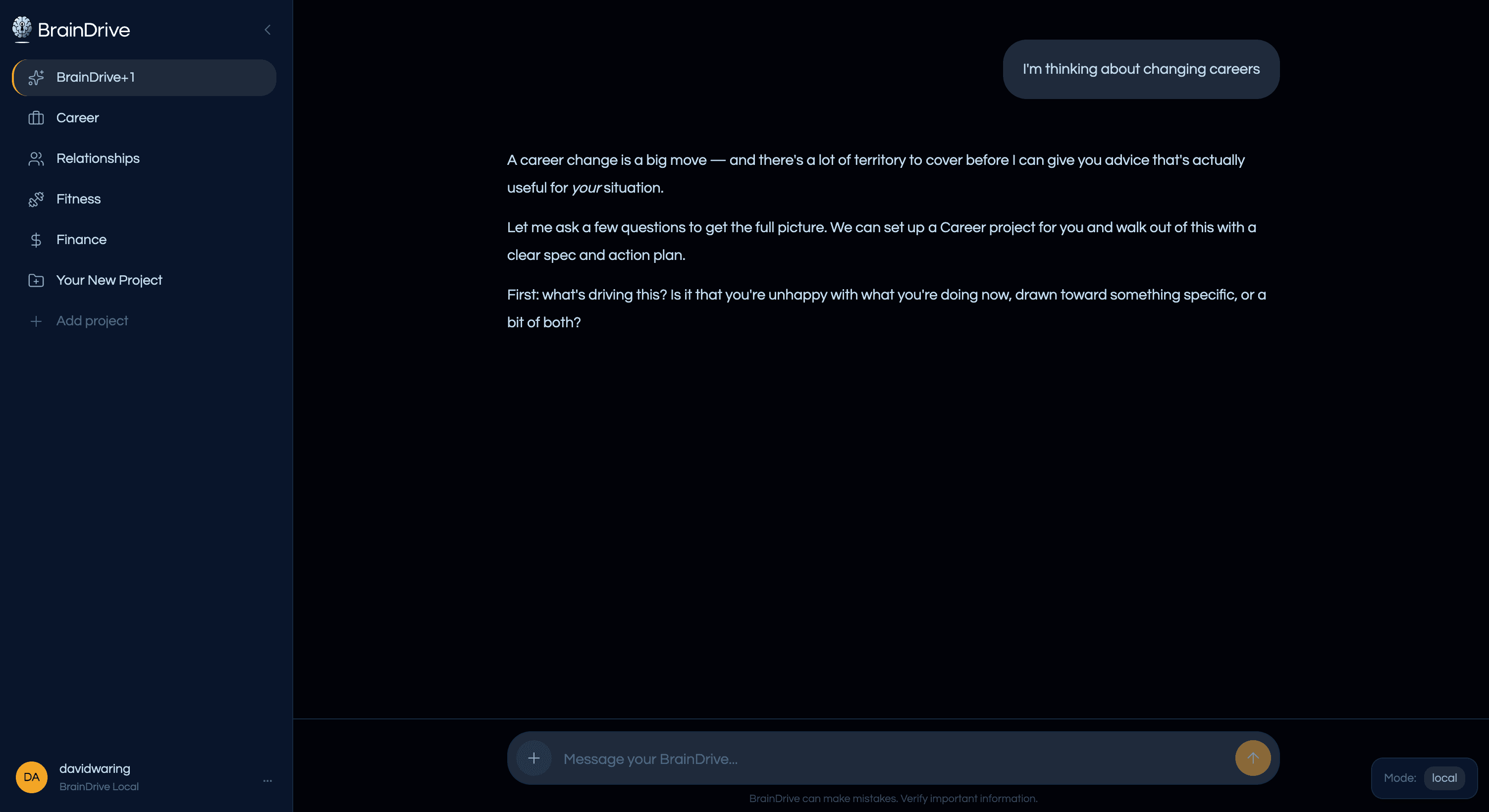 BrainDrive helping define a career change goal with a clear spec and action plan